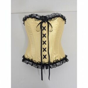 Corset Top Womens 4XL Yellow Gold Satin Black Lace Trim Corsetry Boned Cincher